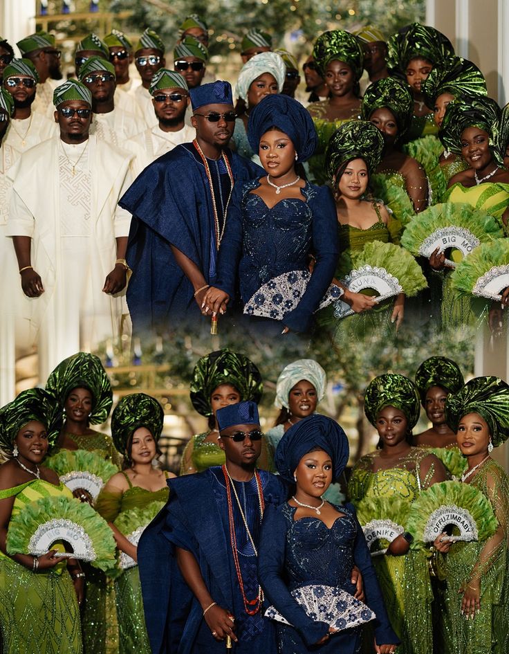 Aso-ebi guests in coordinated navy and green attire