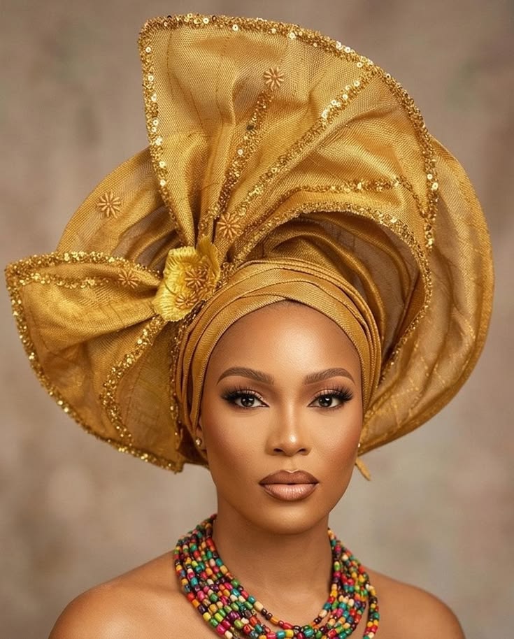 Gold gele head-tie close-up